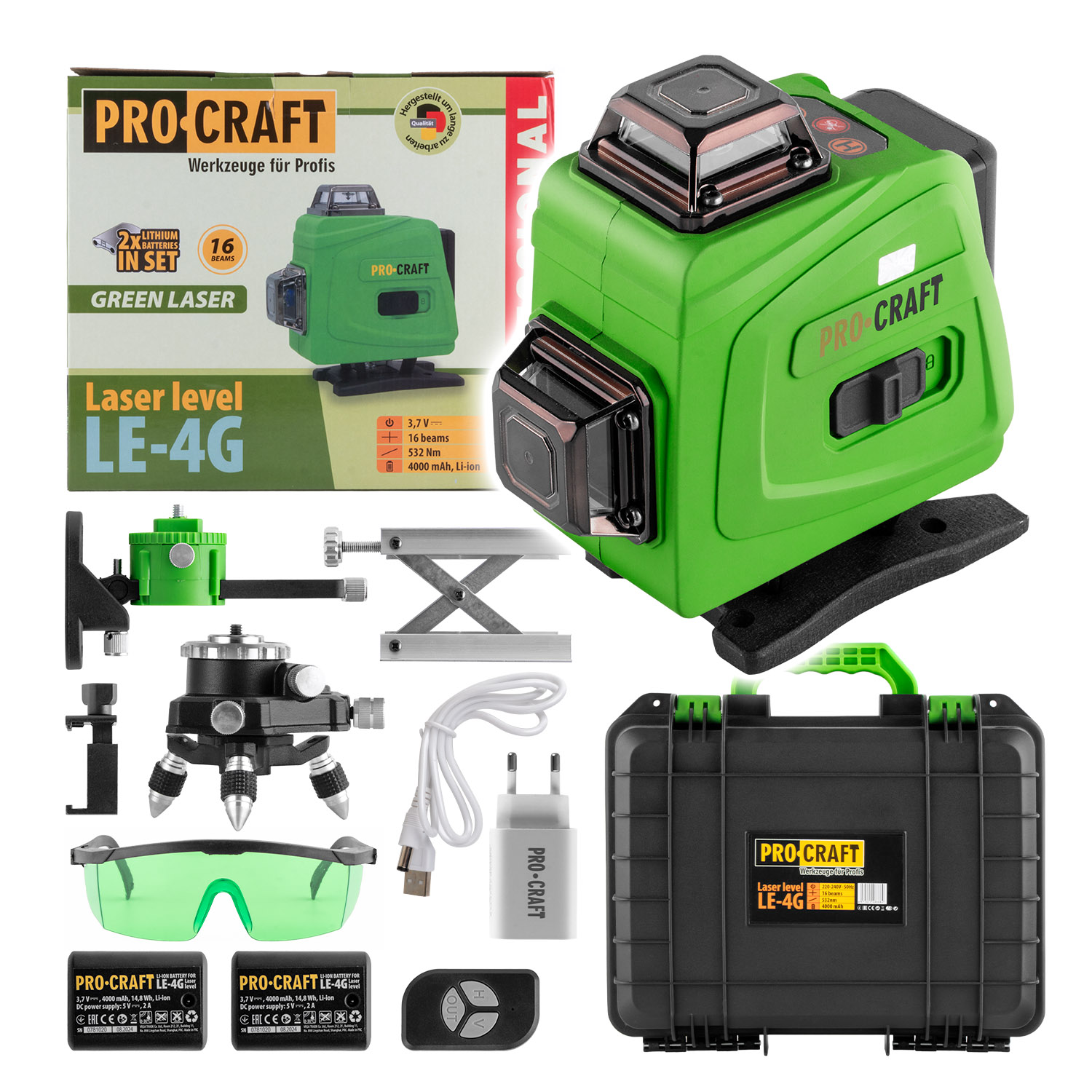 Zelený čiarový laser, krížová samonivelačná rovina PROCRAFT LE-4G