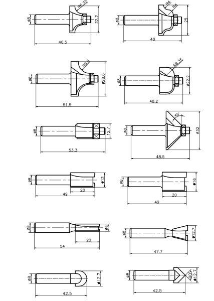 Sada HM fréz 8 mm stopka, 12 dielna