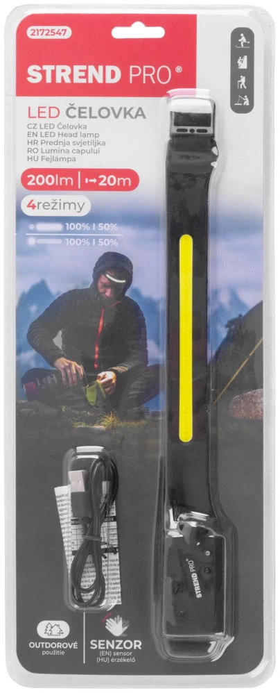 Čelovka LED+XPE, 200 lm, 1200 mAh, senzor pohybu